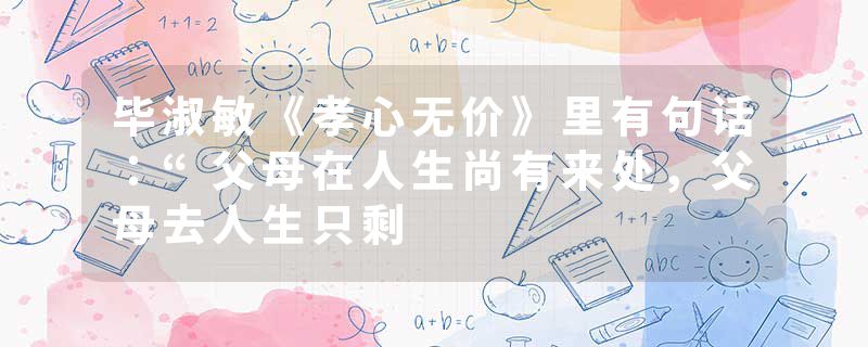 毕淑敏《孝心无价》里有句话：“父母在人生尚有来处，父母去人生只剩